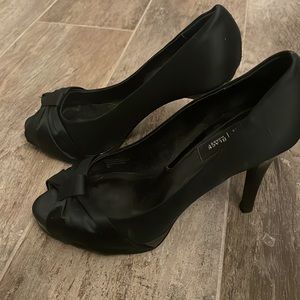White House Black Market Platform Black Satin Open Toe Heels